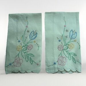 2 Vintage Scalloped Embroidered Floral Linen Tea Towels 10.5x15.5 Inches Cottage